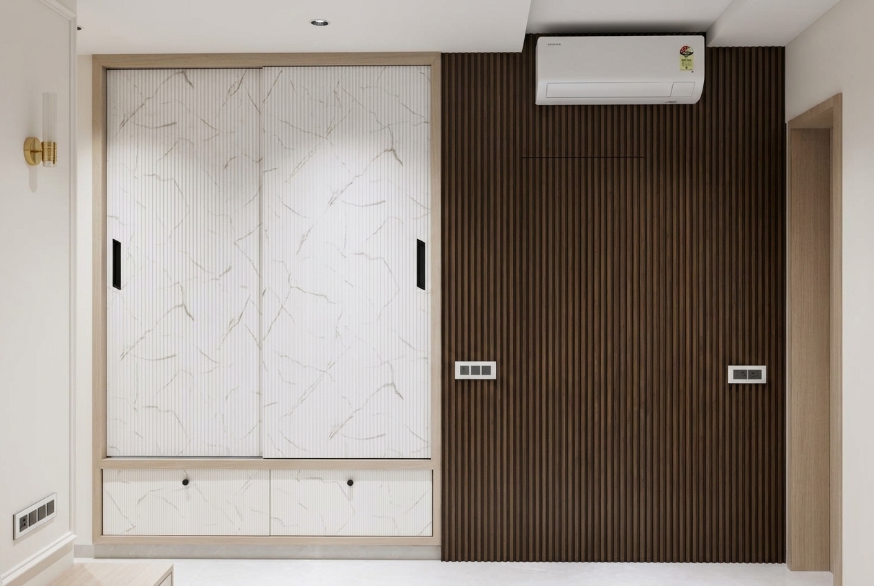 Radha Krishna Kunj, Hiranandani Thane — Wardrobe wall approved 3D render