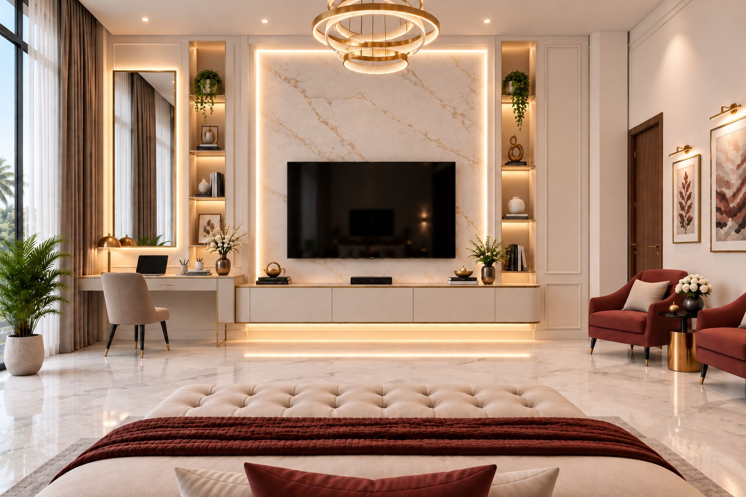 Rishikesh Luxury Bedroom Suites — Marble media wall approved 3D render