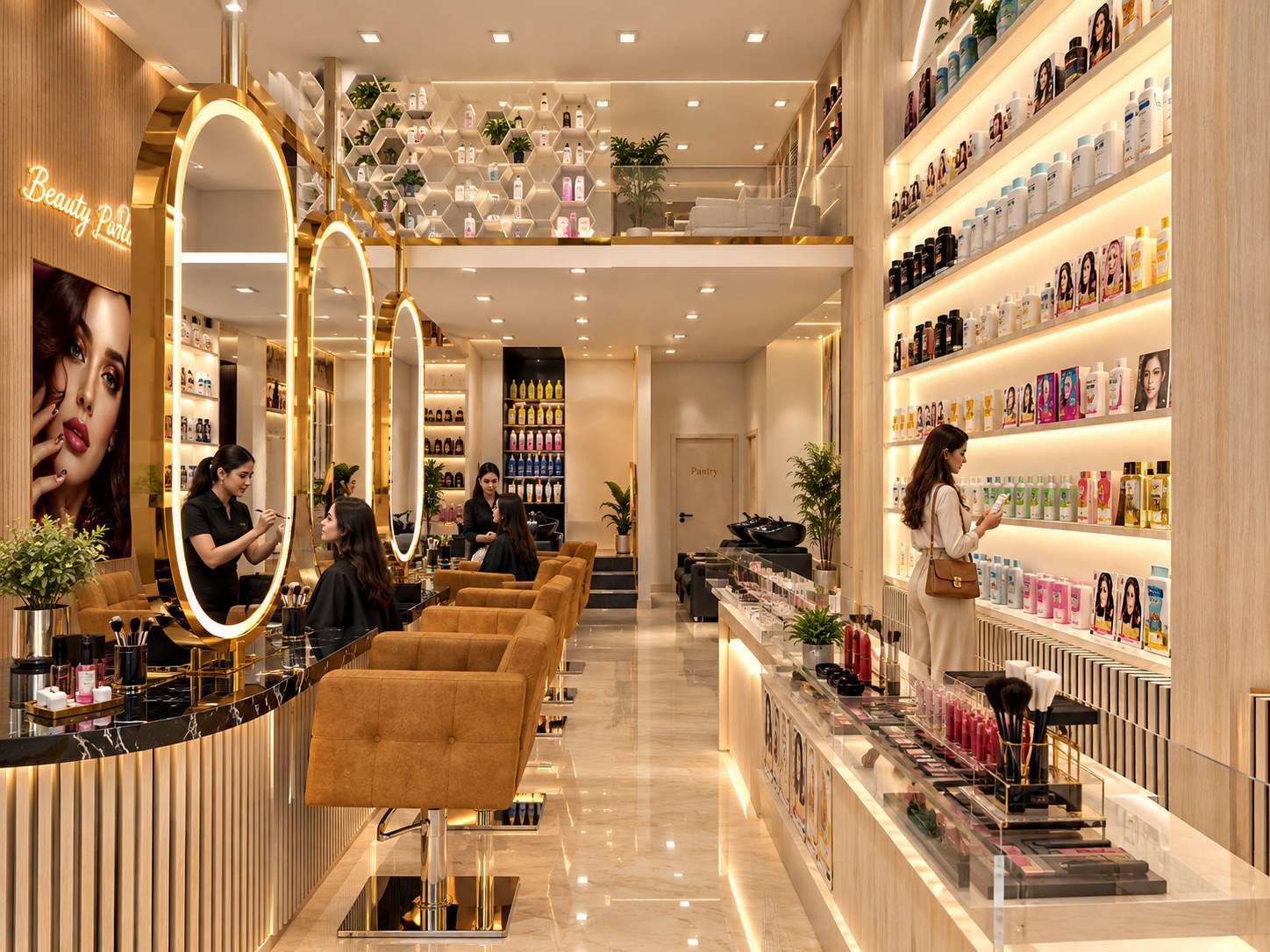 Beauty Salon, Spa & Cosmetics Boutique — Mirror stations & retail wall approved 3D render