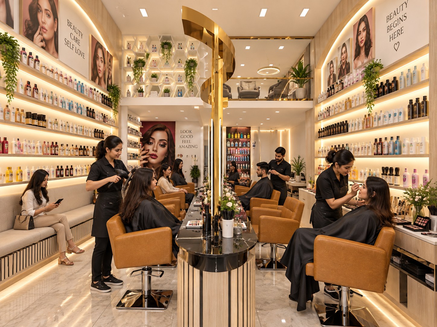 Beauty Salon, Spa & Cosmetics Boutique — Styling floor & mezzanine approved 3D render