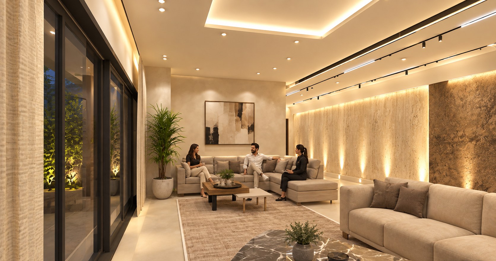 The Travertine Residence — Family lounge approved 3D render