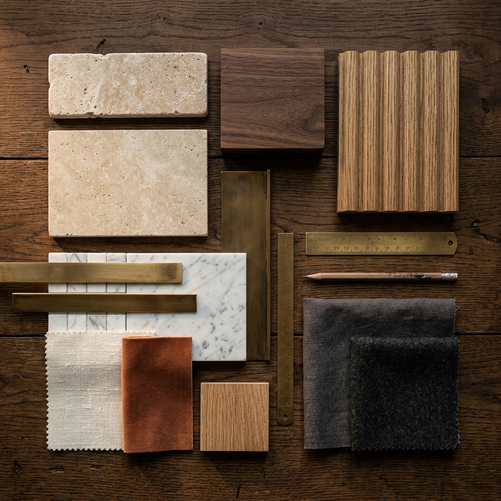 Real material samples — stone, wood, brass and fabric